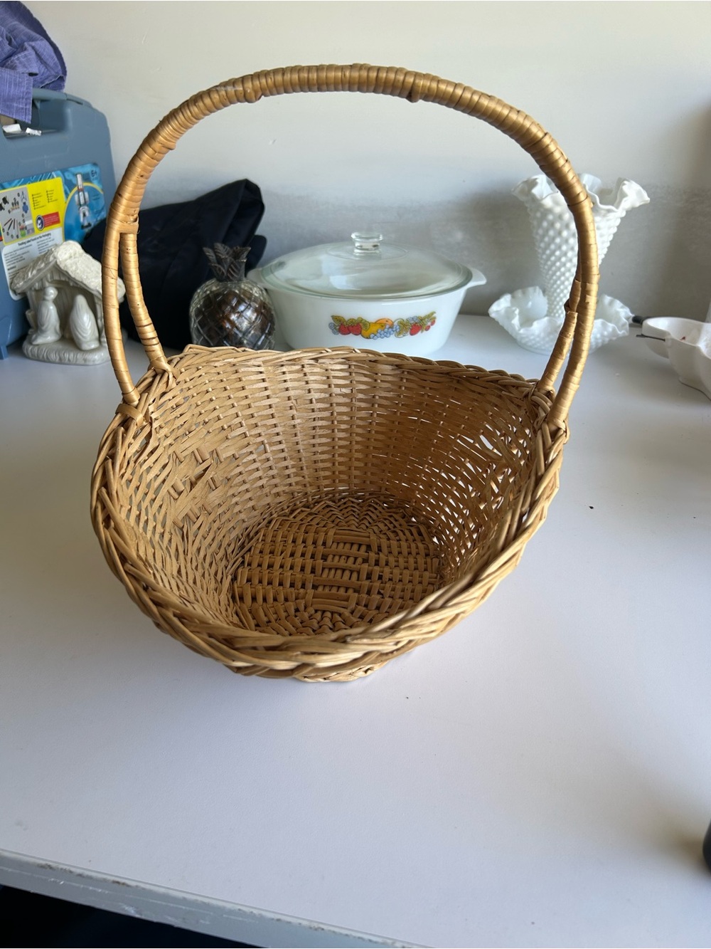Vintage Woven Willow Basket with Handle - Natural Tan